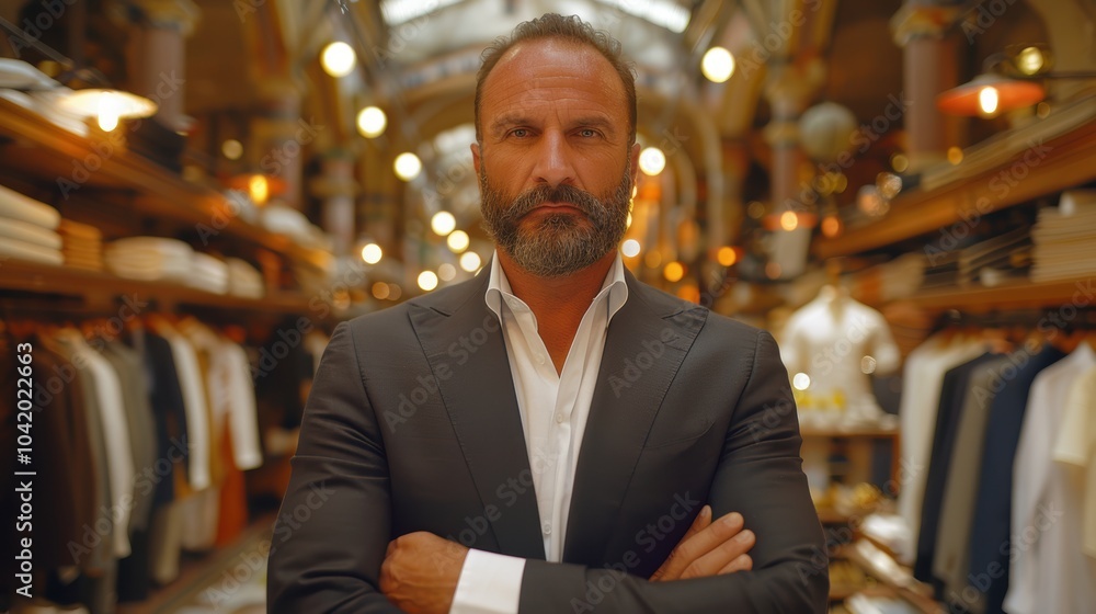 Fototapeta premium In a lavish, well-lit clothing store adorned with elegant suits, a confident man stands firmly with arms crossed, exuding style and authority