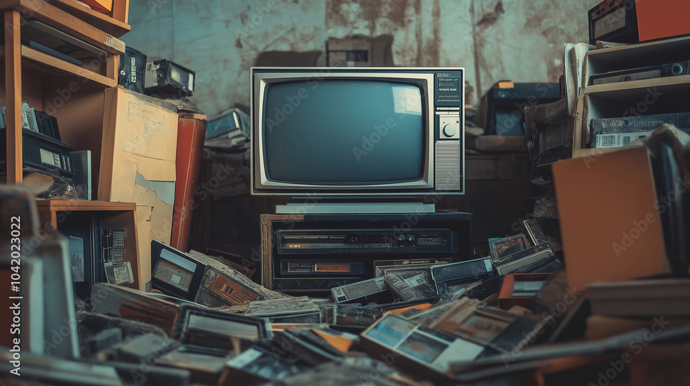 Dusty old television and media equipment piled up in an abandoned room, evoking feelings of nostalgia and decay Dusty old television and media equipment piled up in an abandoned room, evoking feelings of nostalgia and decay