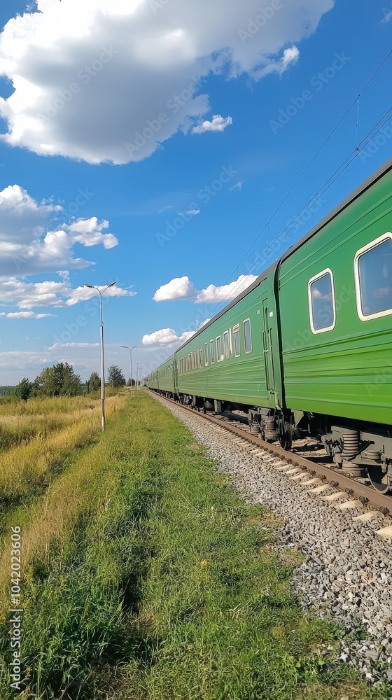 A vibrant green train travels along a winding track through a sunny landscape in summer A vibrant green train travels along a winding track through a sunny landscape in summer