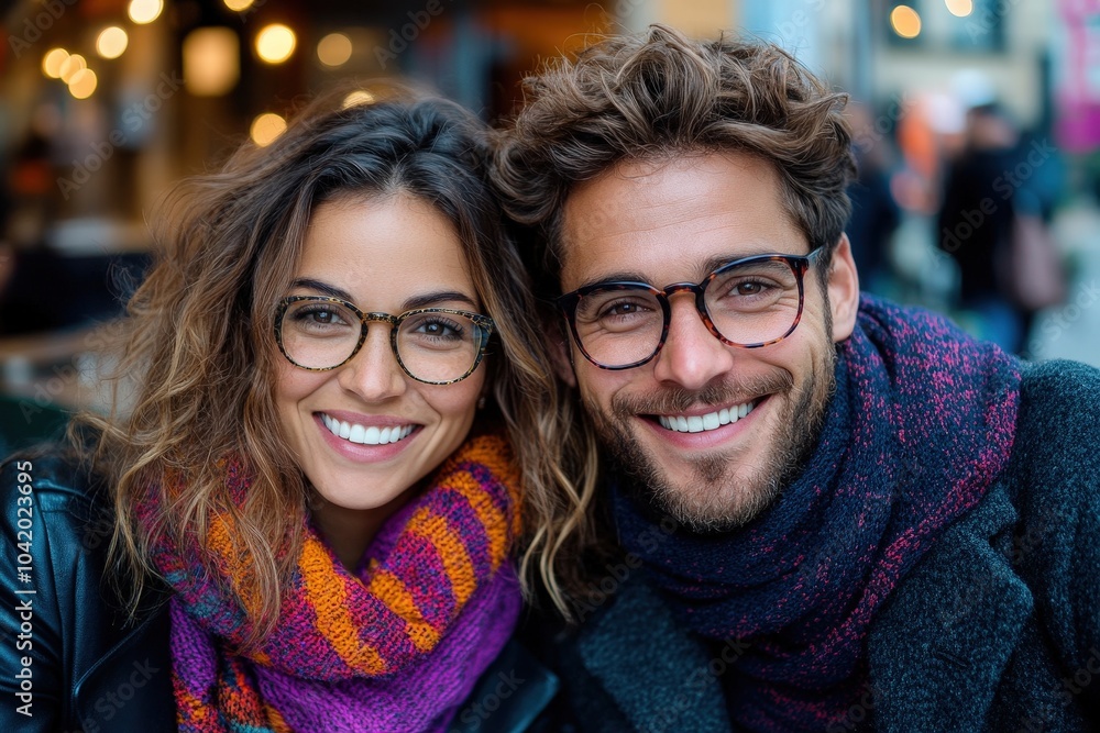 A couple with glasses smiles warmly as they sit together, wearing colorful knit scarves and jackets, enjoying a cozy atmosphere in an outdoor setting. A couple with glasses smiles warmly as they sit together, wearing colorful knit scarves and jackets, enjoying a cozy atmosphere in an outdoor setting.