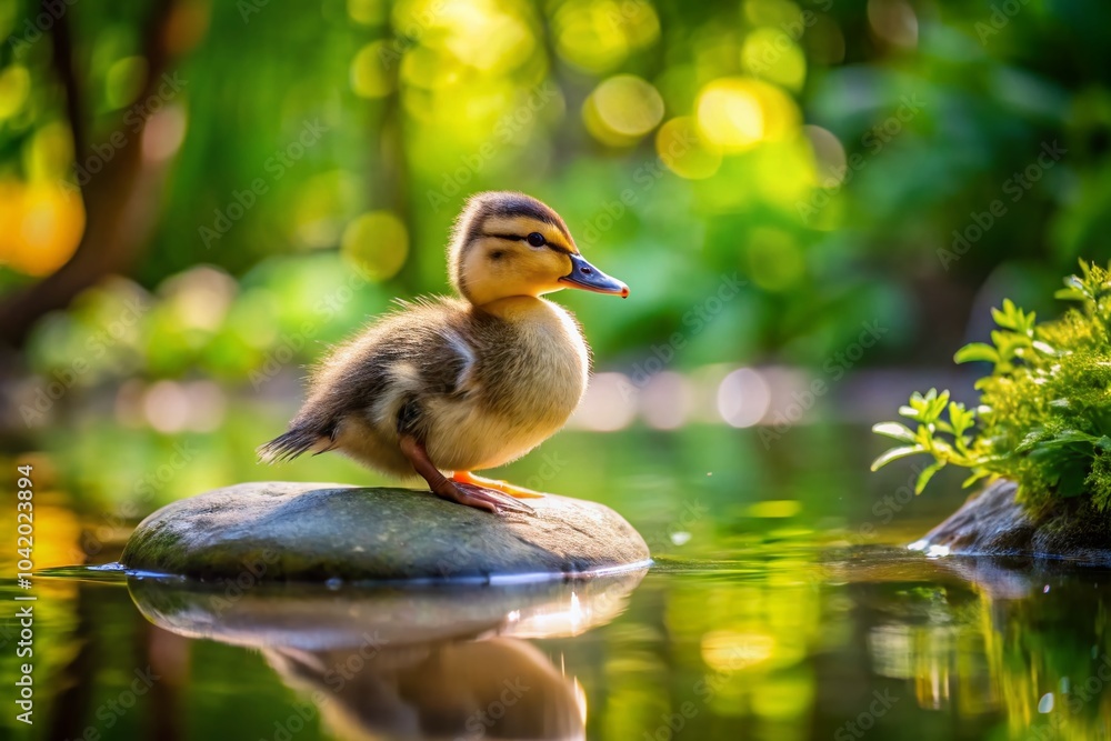 Small Duckling on a Rock in a Serene Pond - Nature Wildlife Photography Small Duckling on a Rock in a Serene Pond - Nature Wildlife Photography