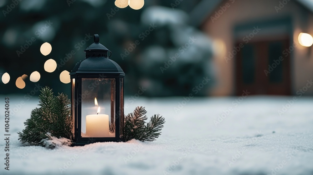 A lantern emits warmth in the snowy landscape, while a deer stands nearby, embodying the quiet beauty of a winter night A lantern emits warmth in the snowy landscape, while a deer stands nearby, embodying the quiet beauty of a winter night