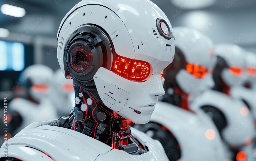 Advanced humanoid robots in an industrial lab, their heads showcasing intricate metallic designs and glowing red circuits, against a backdrop of sleek, sterile technology Advanced humanoid robots in an industrial lab, their heads showcasing intricate metallic designs and glowing red circuits, against a backdrop of sleek, sterile technology