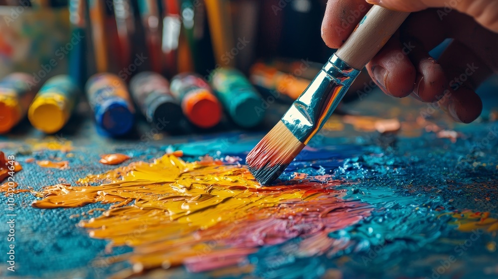 Fototapeta premium Exploring the Creative Process Hand Mixing Paints with Brushes and Art Supplies on a Palette