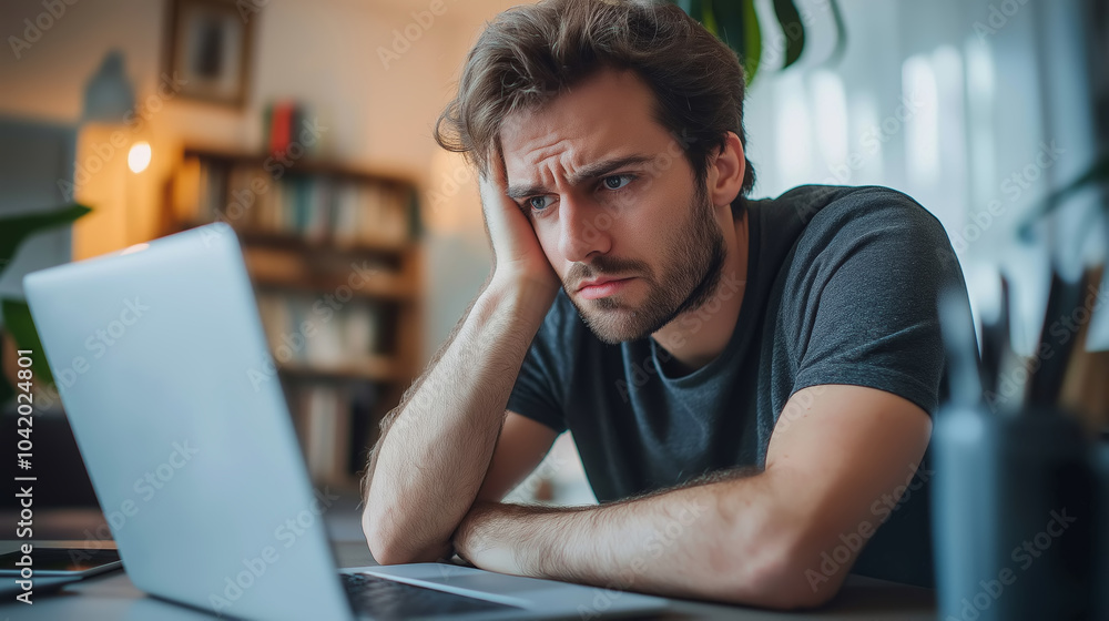 Struggling young man faces stress and frustration while working from home office Struggling young man faces stress and frustration while working from home office