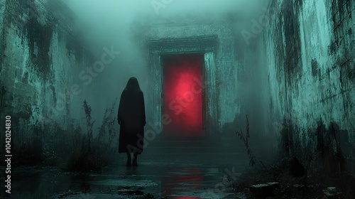Mysterious Figure Approaches a Red Door in a Foggy, Abandoned Place