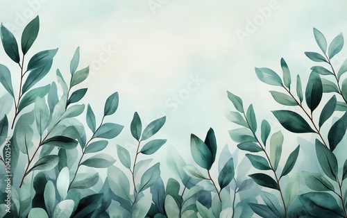 Lush watercolor foliage with soft green and earthy tones, gently blended to create an elegant natural backdrop