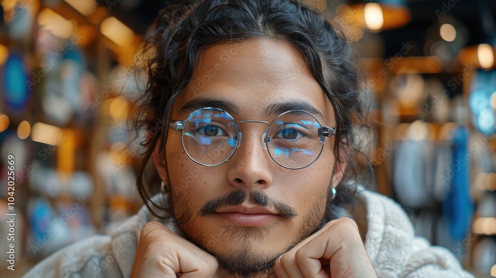 Portrait of a contemplative young adult with glasses, reflecting deep thoughtfulness while showcasing the ambiance of a cozy cafe setting Portrait of a contemplative young adult with glasses, reflecting deep thoughtfulness while showcasing the ambiance of a cozy cafe setting