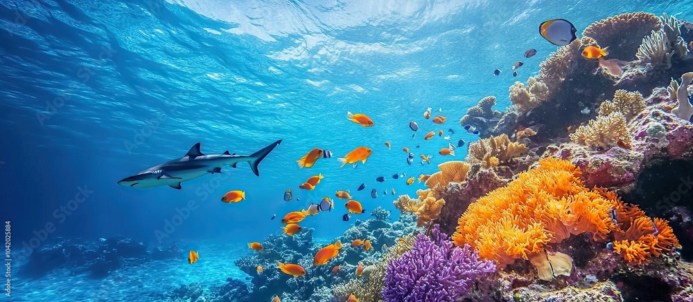 Obraz premium Many tropical fish and nurse sharks can be found in the deep oceans. Sharks and fish schools in the Maldives' azure waters 