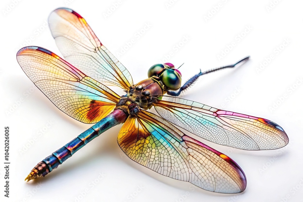 Colorful dragonfly with intricate wings on white background, tilted angle Colorful dragonfly with intricate wings on white background, tilted angle