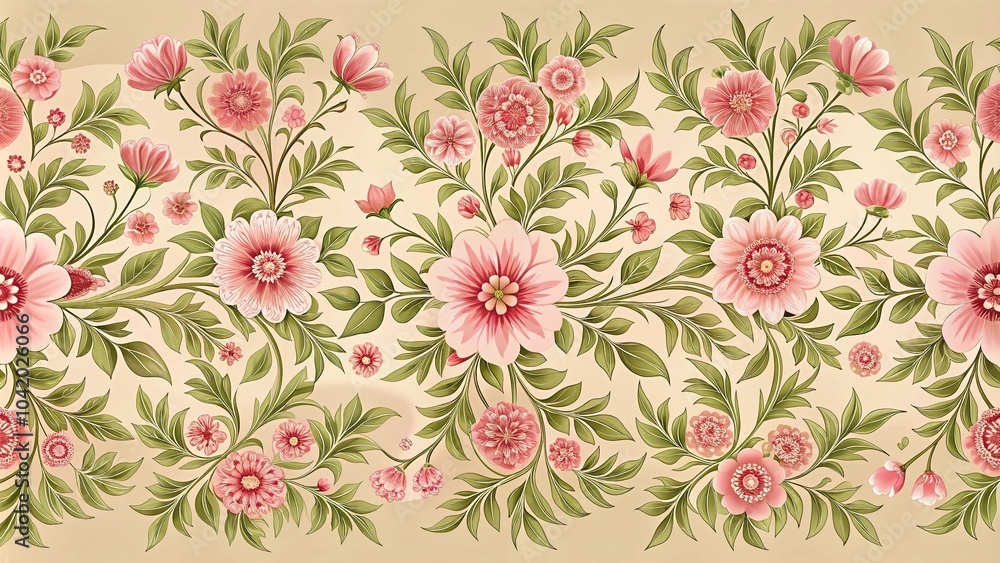 Pink flowers with leaves seamless pattern on beige background Pink flowers with leaves seamless pattern on beige background