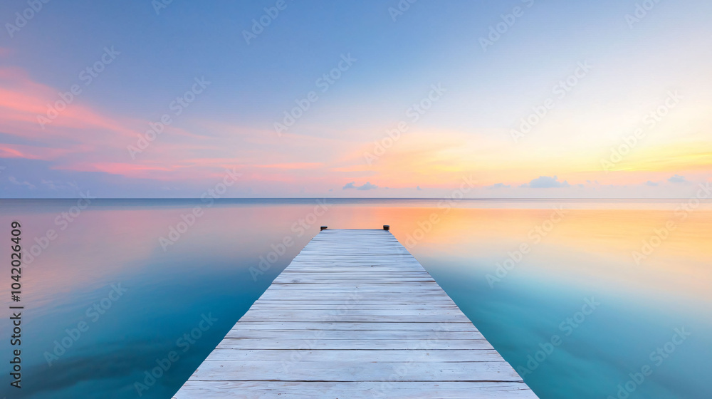 Naklejka premium serene empty pier at sunrise with calm waters reflecting colorful sky