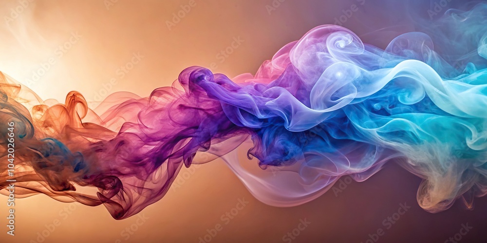 Fototapeta premium Colorful dynamic smoke on light brown lilac and blue wave multicolor abstract background