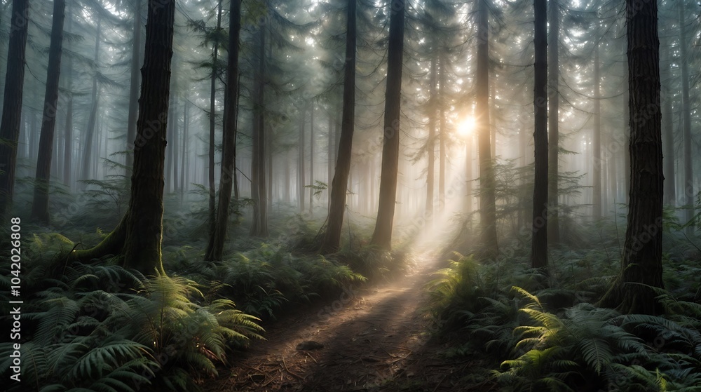 Fototapeta premium Sun shines through the trees in a misty forest on a sunny day