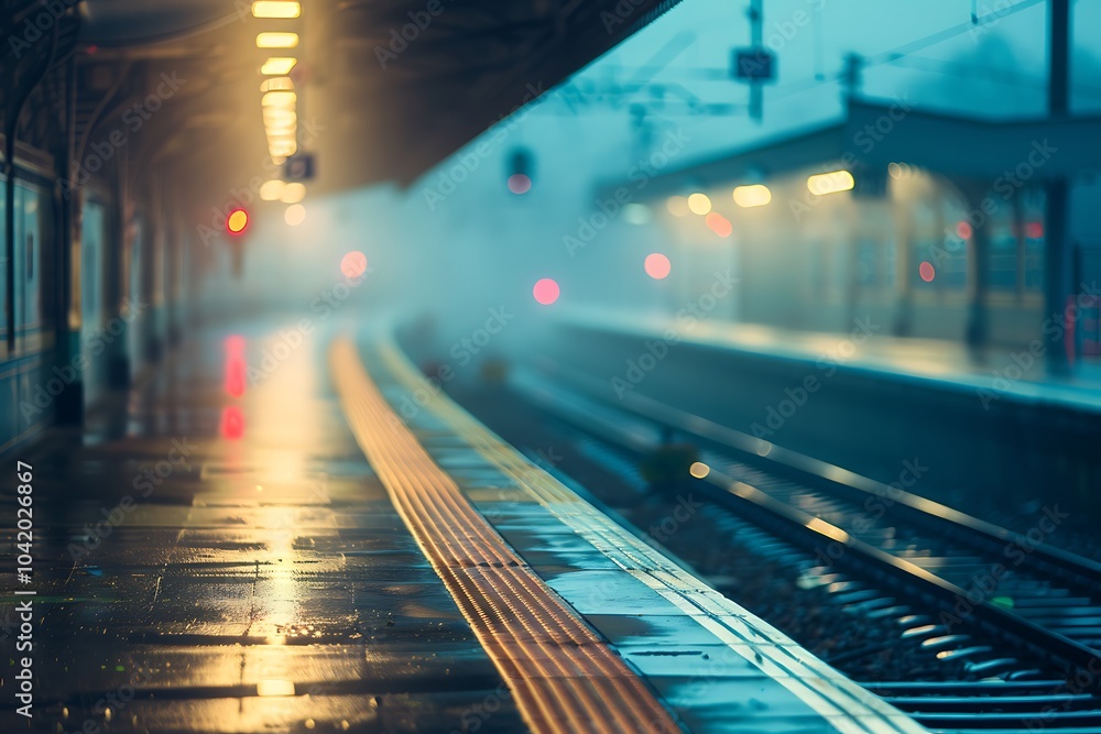 Railway station at night in fog. Shallow depth of field Railway station at night in fog. Shallow depth of field