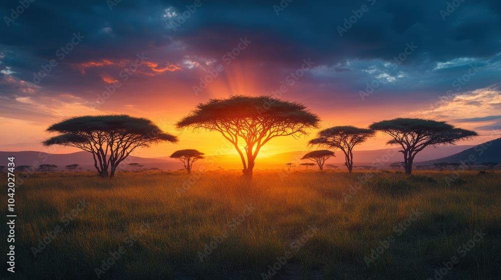 A wide-open savannah with acacia trees and a dramatic sunset, African nature landscape. dramatic lighting. A wide-open savannah with acacia trees and a dramatic sunset, African nature landscape. dramatic lighting.