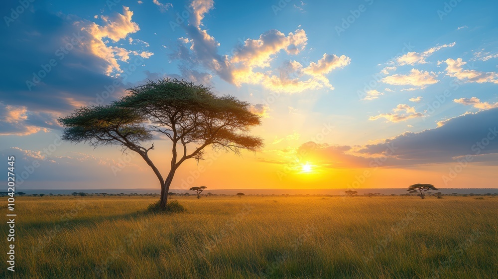 Obraz premium A wide-open savannah with acacia trees and a dramatic sunset, African nature landscape. dramatic lighting.