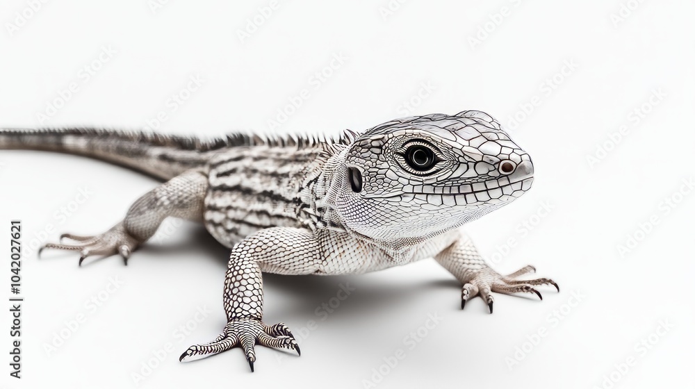 A white and gray lizard with black stripes on its back, looking to the right, isolated on a white background. A white and gray lizard with black stripes on its back, looking to the right, isolated on a white background.