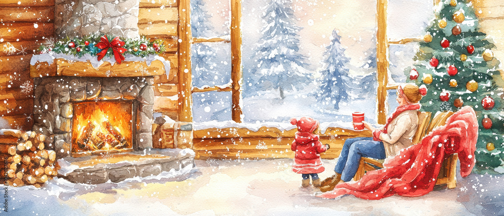 A cozy winter scene featuring a man and child by a fireplace, enjoying the holiday spirit with a decorated Christmas tree and snowy landscape outside. A cozy winter scene featuring a man and child by a fireplace, enjoying the holiday spirit with a decorated Christmas tree and snowy landscape outside.