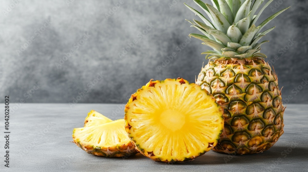 A whole pineapple and slices on a gray background. A whole pineapple and slices on a gray background.