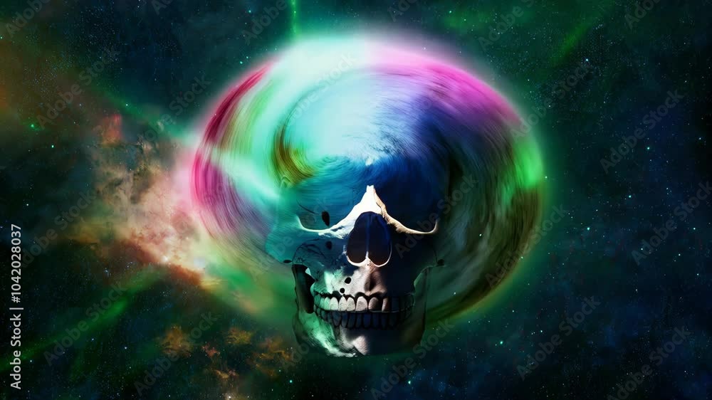 Digital illustration of a human skull with smoke, floating in space with colorful nebula clouds, evoking themes of death and the universe Digital illustration of a human skull with smoke, floating in space with colorful nebula clouds, evoking themes of death and the universe