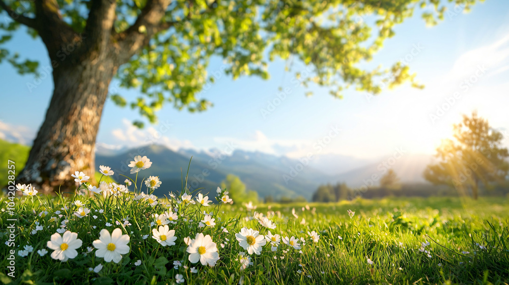 sunlit meadow with blooming wildflowers and majestic tree creates serene atmosphere sunlit meadow with blooming wildflowers and majestic tree creates serene atmosphere