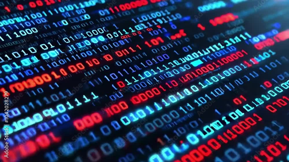 Digital Matrix: Abstract binary code streams across a dark background in a mesmerizing display of vibrant red, blue, and white digits.  A captivating visualization of data flow and digital technology.
