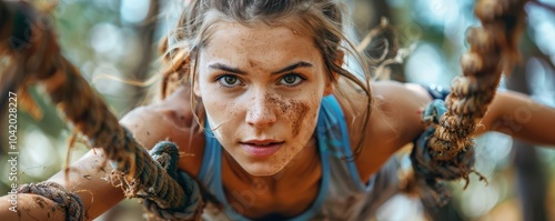 Athletic woman determinedly participating in an obstacle course race, crossing a wooden hurdle.