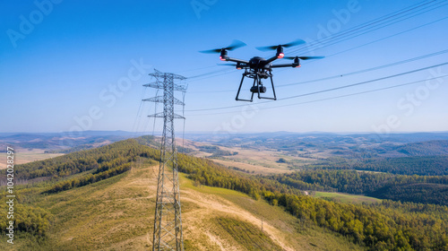 drone assisting in power line inspection over scenic landscape