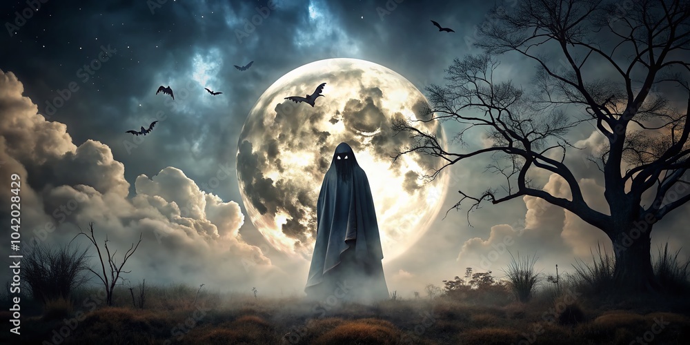 Fototapeta premium Spooky Halloween Black Ghost Silhouette in Eerie Moonlight - Perfect for Halloween Decor and Seasonal Imagery
