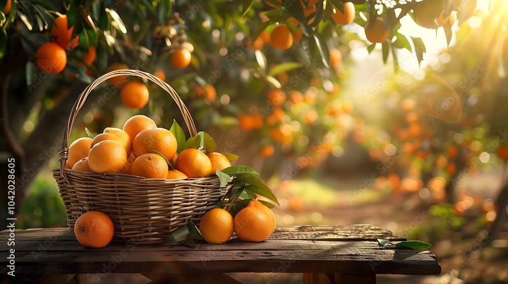 Ripe tangerines in a basket on a wooden table in the garden Ripe tangerines in a basket on a wooden table in the garden