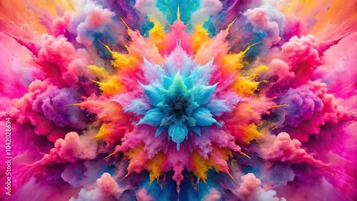 Colorful explosion of watercolor paint on pink background, liquid splashes