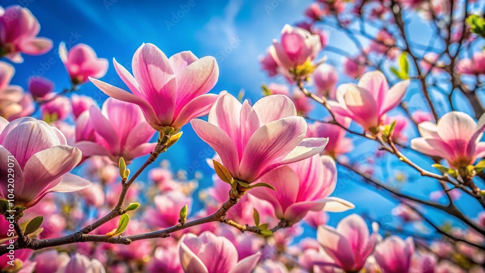 Spring Blooming Pink Magnolia in Wind with Blue Sky – Tilt-Shift Photography Focused on Nature's Beauty Spring Blooming Pink Magnolia in Wind with Blue Sky – Tilt-Shift Photography Focused on Nature's Beauty