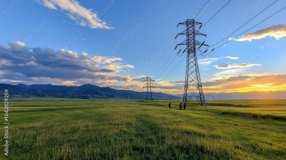 Obraz premium High voltage towers stand tall in vast green field under beautiful sunset