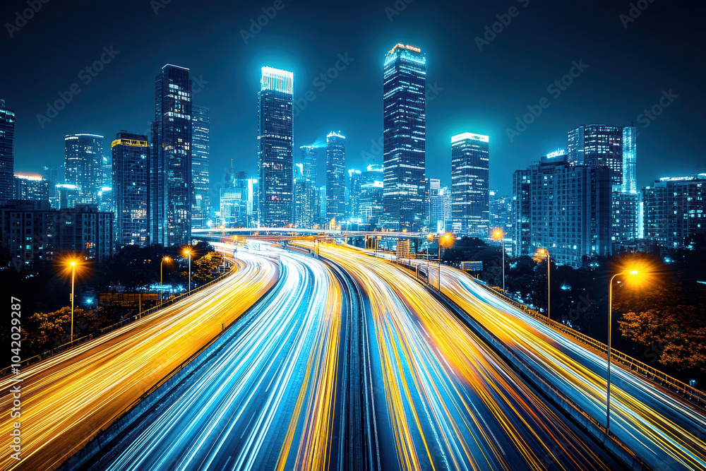 Obraz premium Nighttime cityscape with glowing windows