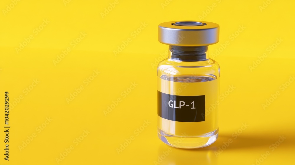 GLP-1 Vial. Medication and Treatment Highlight on Yellow Background GLP-1 Vial. Medication and Treatment Highlight on Yellow Background