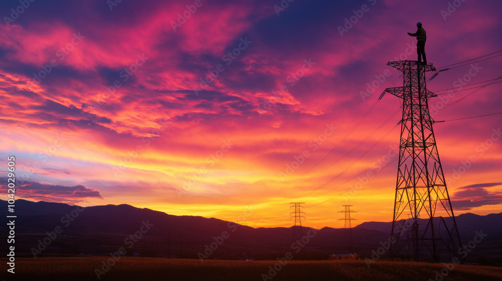 technician on power tower at dusk, silhouetted against vibrant sunset technician on power tower at dusk, silhouetted against vibrant sunset