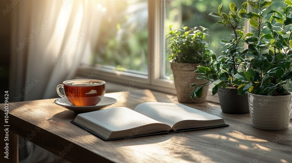 A Cozy Afternoon Enjoying a Cup of Tea with an Open Book by the Window A Cozy Afternoon Enjoying a Cup of Tea with an Open Book by the Window