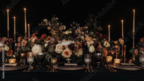 A dark and elegant tablescape with a large floral arrangement and candlelight.