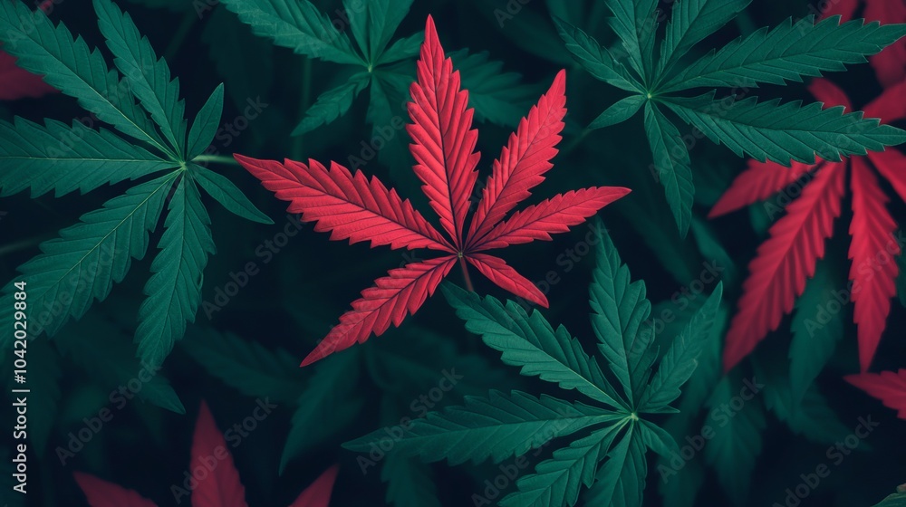 Close-up of cannabis leaves with one red leaf in the center. Close-up of cannabis leaves with one red leaf in the center.