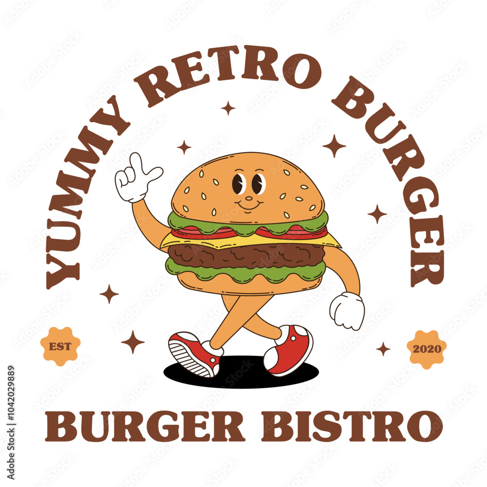 Retro logo mascot with burger. Groovy food mascot for bistro, pub, cafe menu and more. Retro logo mascot with burger. Groovy food mascot for bistro, pub, cafe menu and more.
