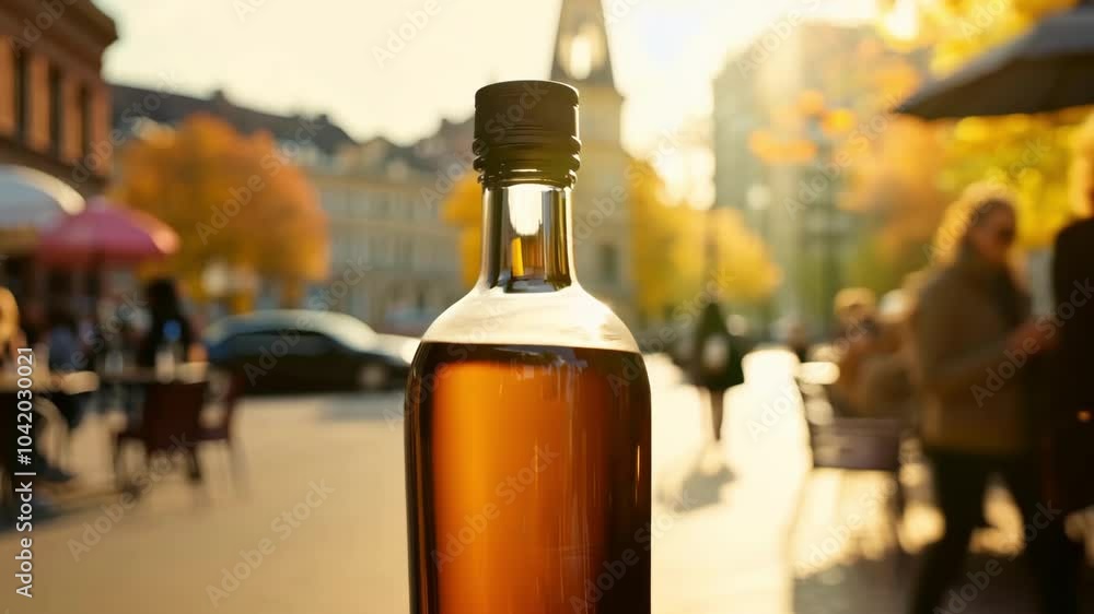 Bottle of whiskey in sunlit autumn urban setting with blurred cityscape Bottle of whiskey in sunlit autumn urban setting with blurred cityscape
