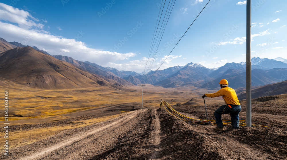 Obraz premium Worker securing new wire in mountainous landscape, showcasing dedication and skill