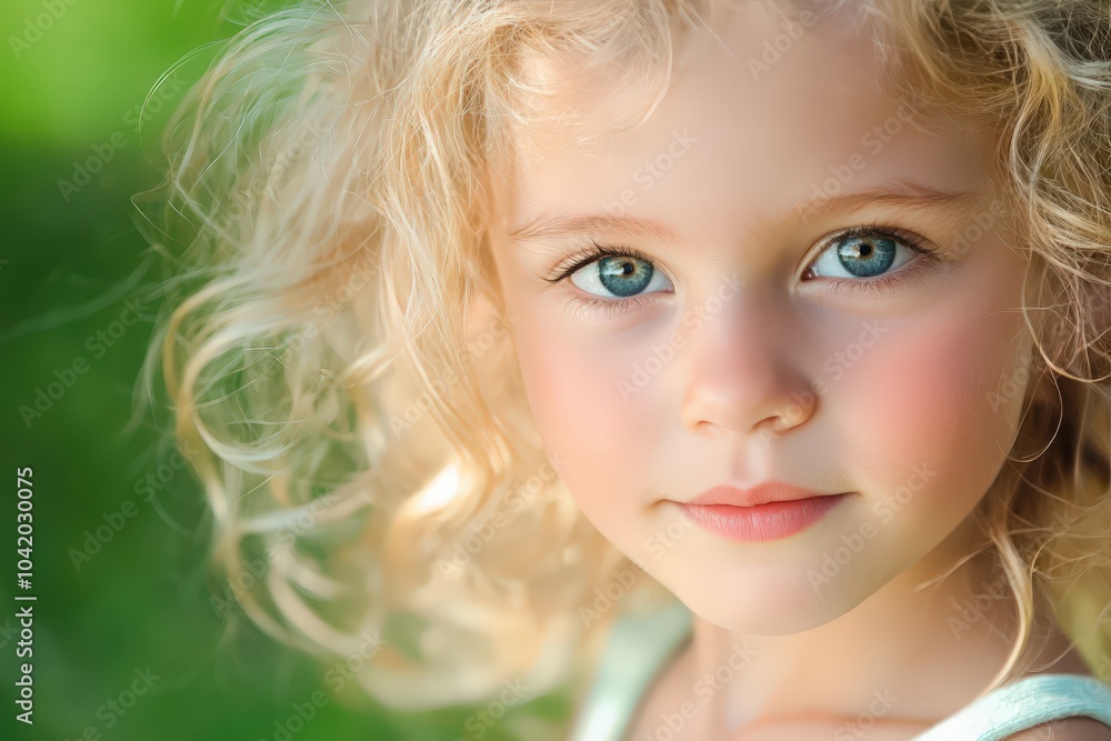 A serene moment of a young girl with curly blonde hair and captivating blue eyes outdoors A serene moment of a young girl with curly blonde hair and captivating blue eyes outdoors