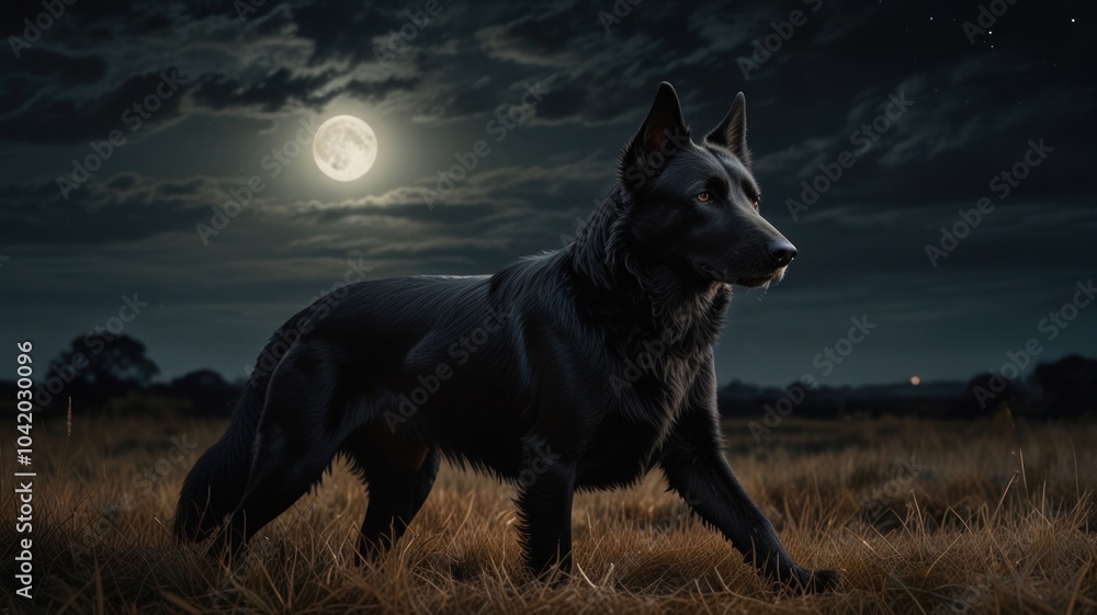 A black German Shepherd stands in a field at night, silhouetted against the full moon. A black German Shepherd stands in a field at night, silhouetted against the full moon.