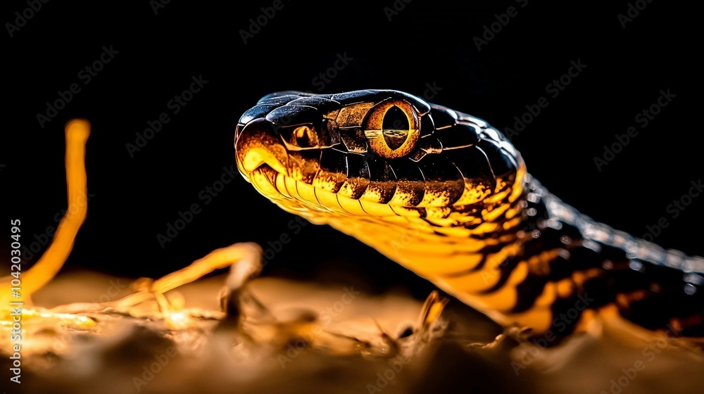 Captivating Close-Up of a Striking Snake Illuminated in Golden Light Captivating Close-Up of a Striking Snake Illuminated in Golden Light