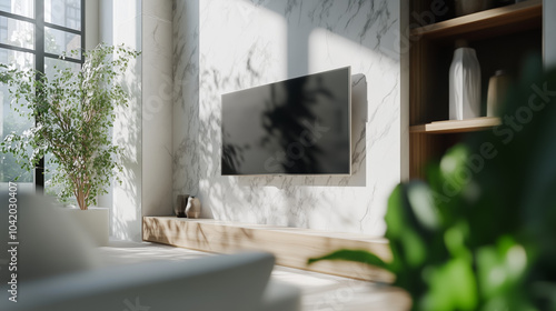 Modern living room with flat screen TV mounted on a marble wall, surrounded by indoor plants and natural sunlight. Contemporary interior design for home and poster. Side angle photograph