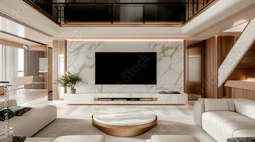 Spacious living room featuring a marble TV wall, elegant modern furniture, and warm wooden elements, showcasing a luxurious and contemporary interior design