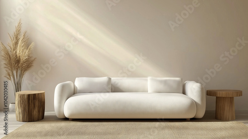 A minimalist living room featuring a modern white sofa, wooden side tables, dried pampas grass, and soft natural sunlight.
