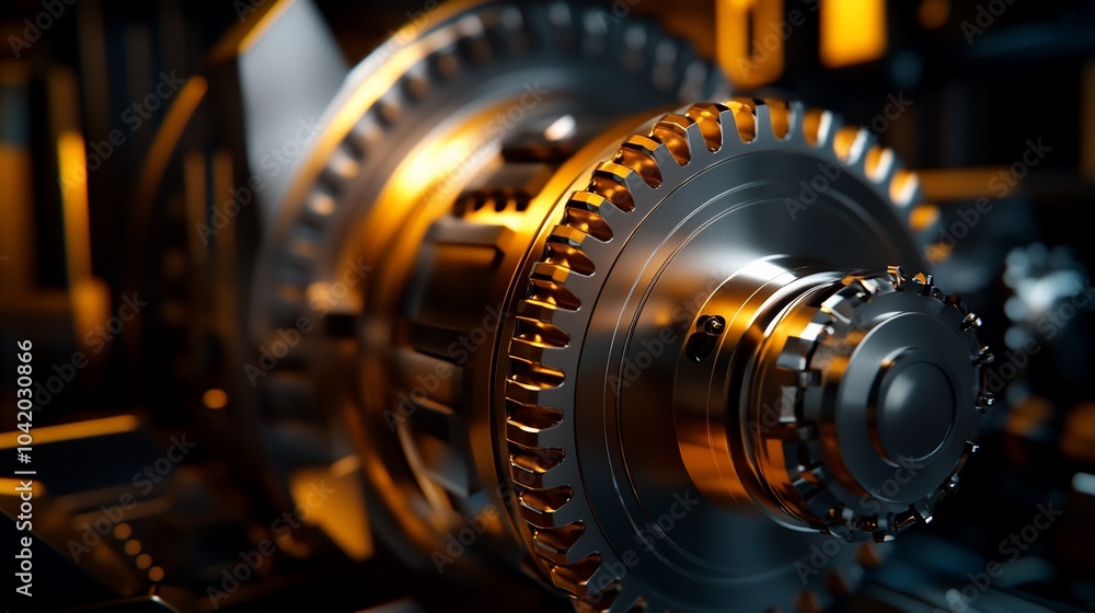 Close-up of a metallic gear system with intricate details. Close-up of a metallic gear system with intricate details.